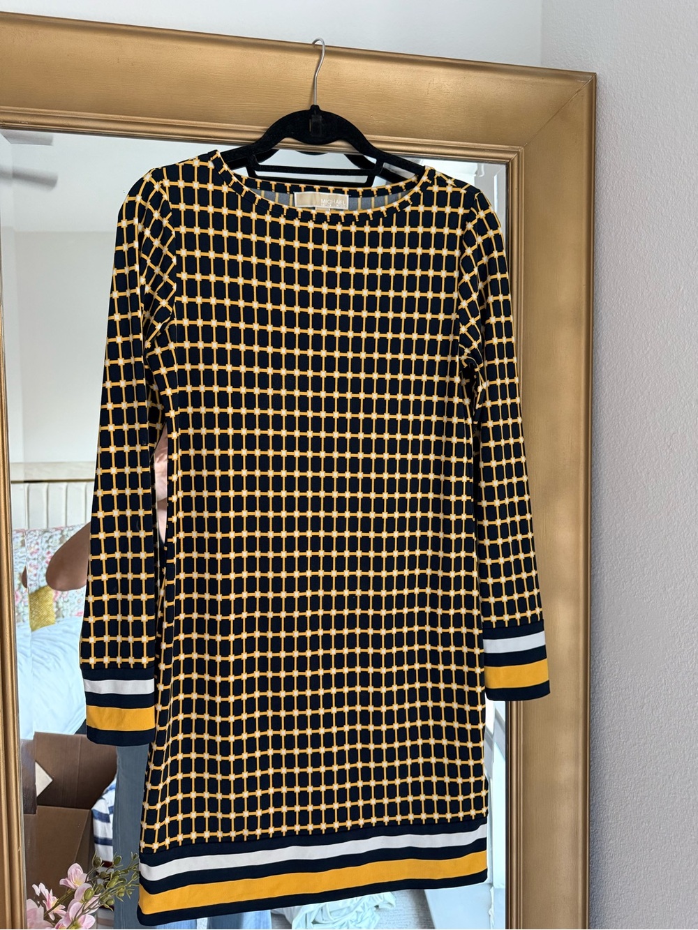 MICHAEL Michael Kors Navy and Yellow Grid Shift Dress